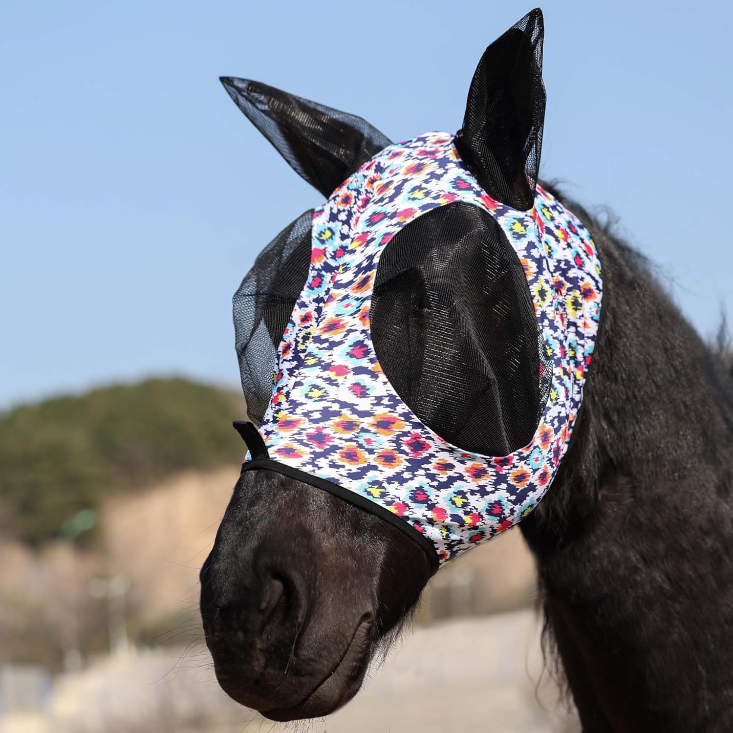 Harrison Howard Super Comfort Stretchy Fly Mask Large Eye Space with UV Protection Soft on Skin with Breathability Geo Feather S