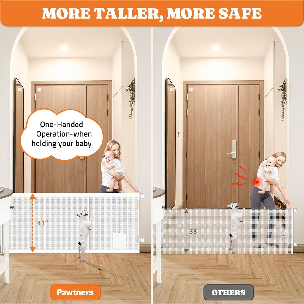 Pawtners Retractable Baby Gates Extra Wide, 41" Tall Extends up to 120" Wide, Dog Gate Indoor with Cat Door for Stairs, Pet Gate with Support Rods for Doorways Hallways Indoor & Outdoor-White