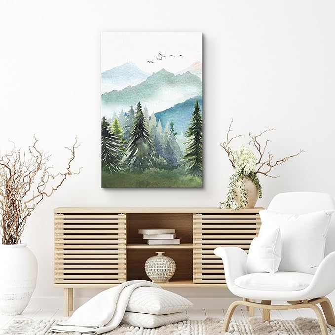 SIGNWIN Canvas Print Wall Art Watercolor Green Forest Tree Mountain Range Nature Landscape Prints Modern Art Woodland Nursery Decor for Living Room, Bedroom, Office - 24"x36"