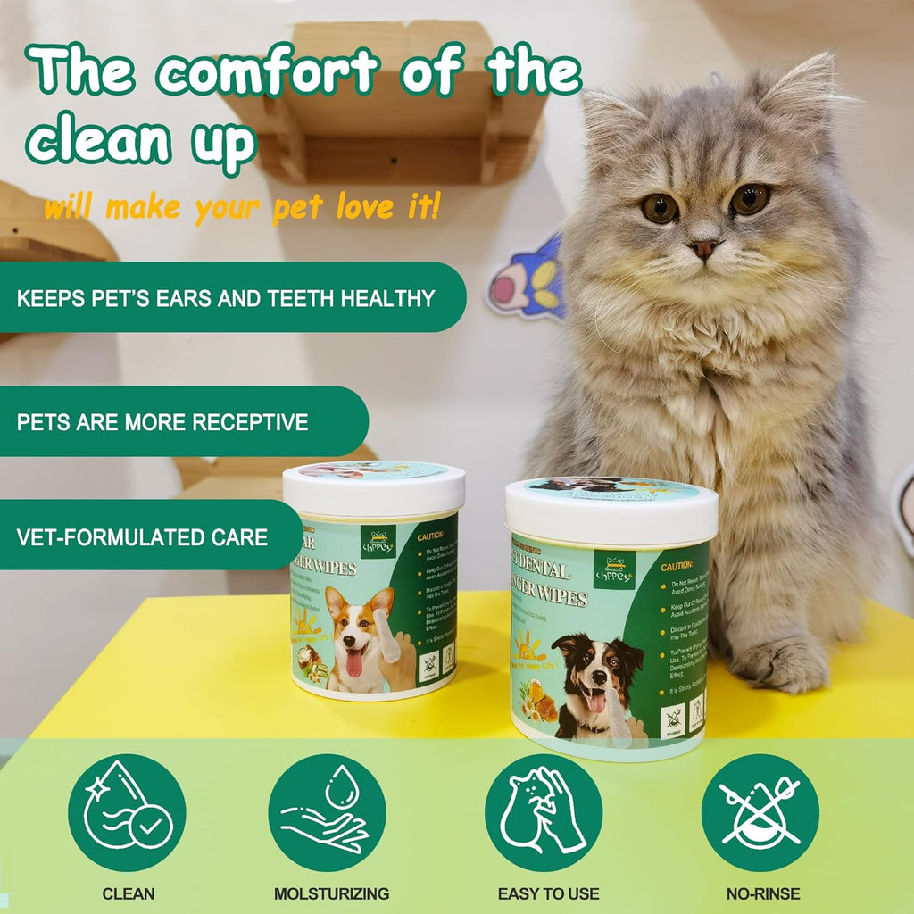 Pet Finger Wipes for Ear and Teeth - 120 Count Cleaner Finger Wipes for Dog and Cat, Dental Ear Care Wipes, Hypoallergenic Dog Wipes to Remove Plaque Tartar, Relieve Ear Itching and Inflammation