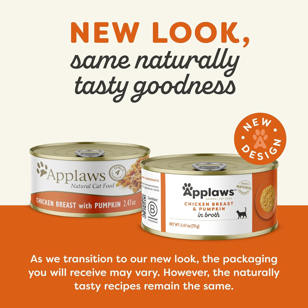 Applaws Natural Wet Cat Food, 24 Count, Limited Ingredient Canned Wet Cat Food, Chicken with Pumpkin in Broth, 2.47oz Cans
