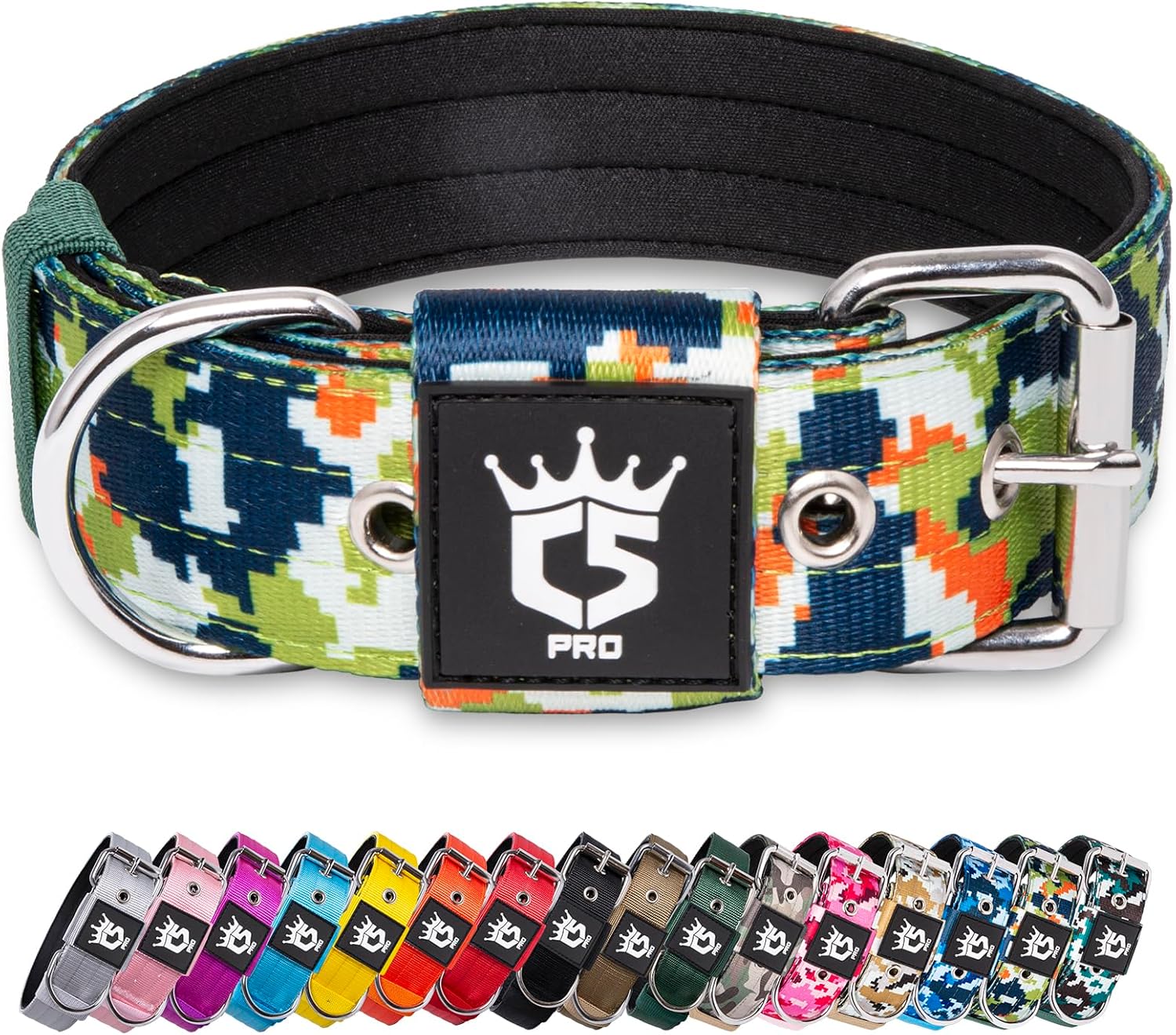 TSPRO Tactical Dog Collar, 1.5 inch Wide, Camo Green, Polyester, Heavy Duty Metal Buckle, Size S