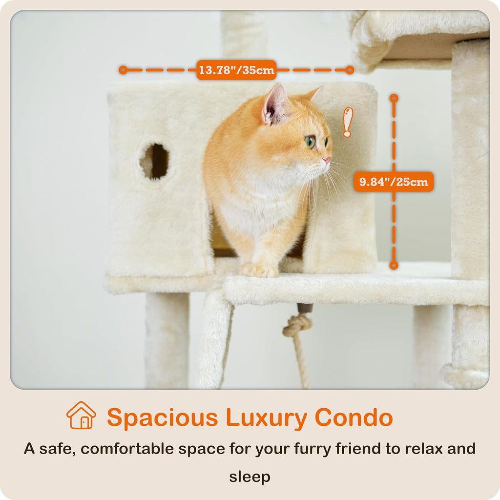 Ouritsu Cat Tree, 56 inch Tall Cat Tower for Large Cat Indoor, Large Condo, 2 Padded Perches, Steel-Framed Hammock, Scratching Post and ramp, Fluffy Basket, Beige, LF001WH