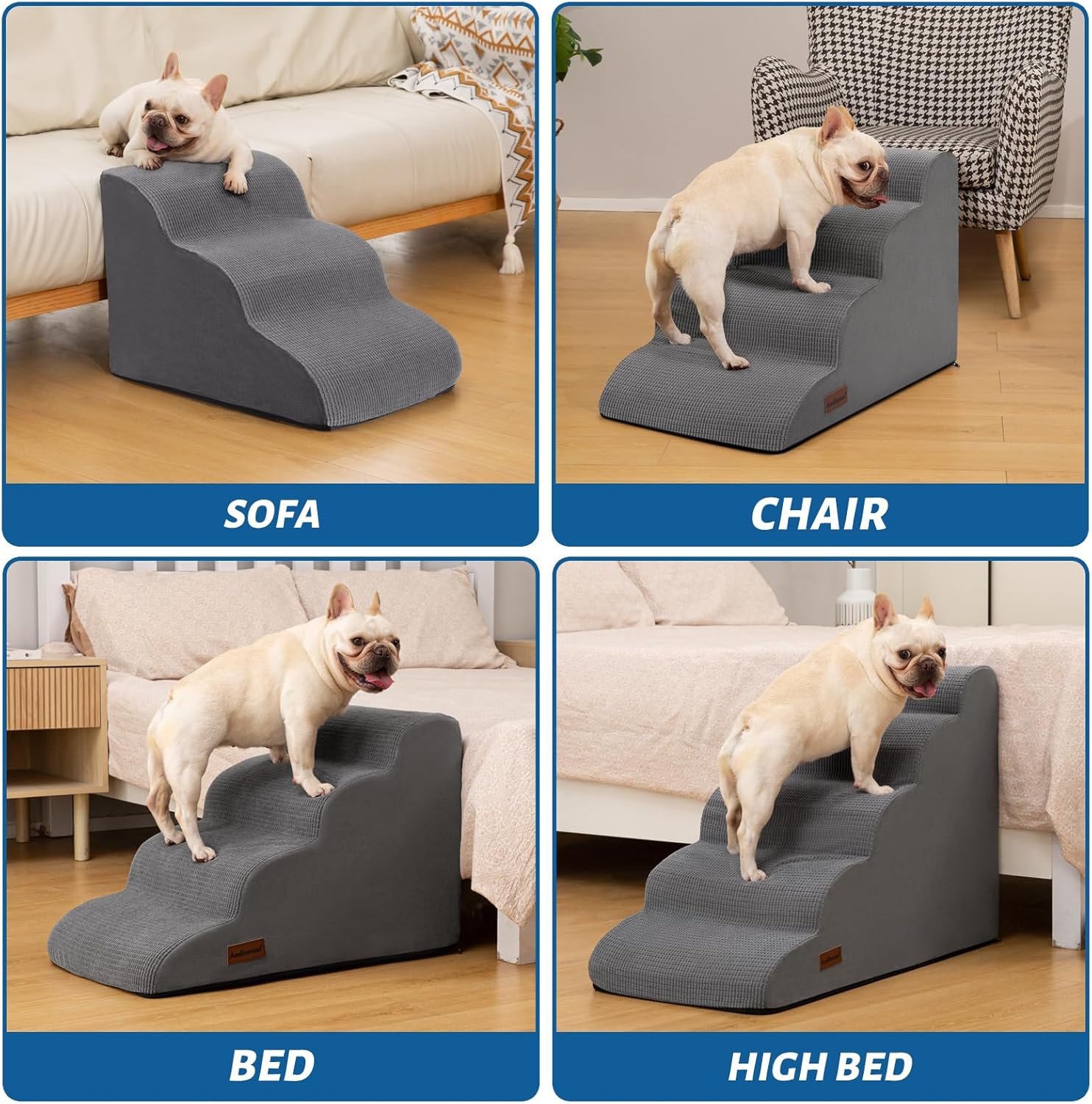 4-Step Dog Stairs and Ramp for Beds or Couches – Non-Slip Sturdy Pet Steps for Small Dogs and Cats,17.4" H,Grey