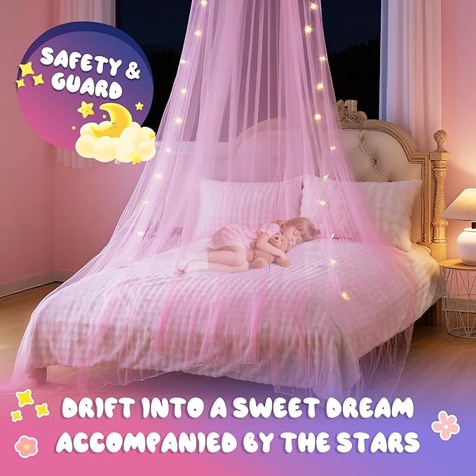 lazyzzz Bed Canopy for Girls with Glowing Stars, Canopy Bed Curtains Dome Mosquito Net for Queen King Size Kids Bed, Princess Room Decor Ceiling Tent for Baby Crib and Adult Bed