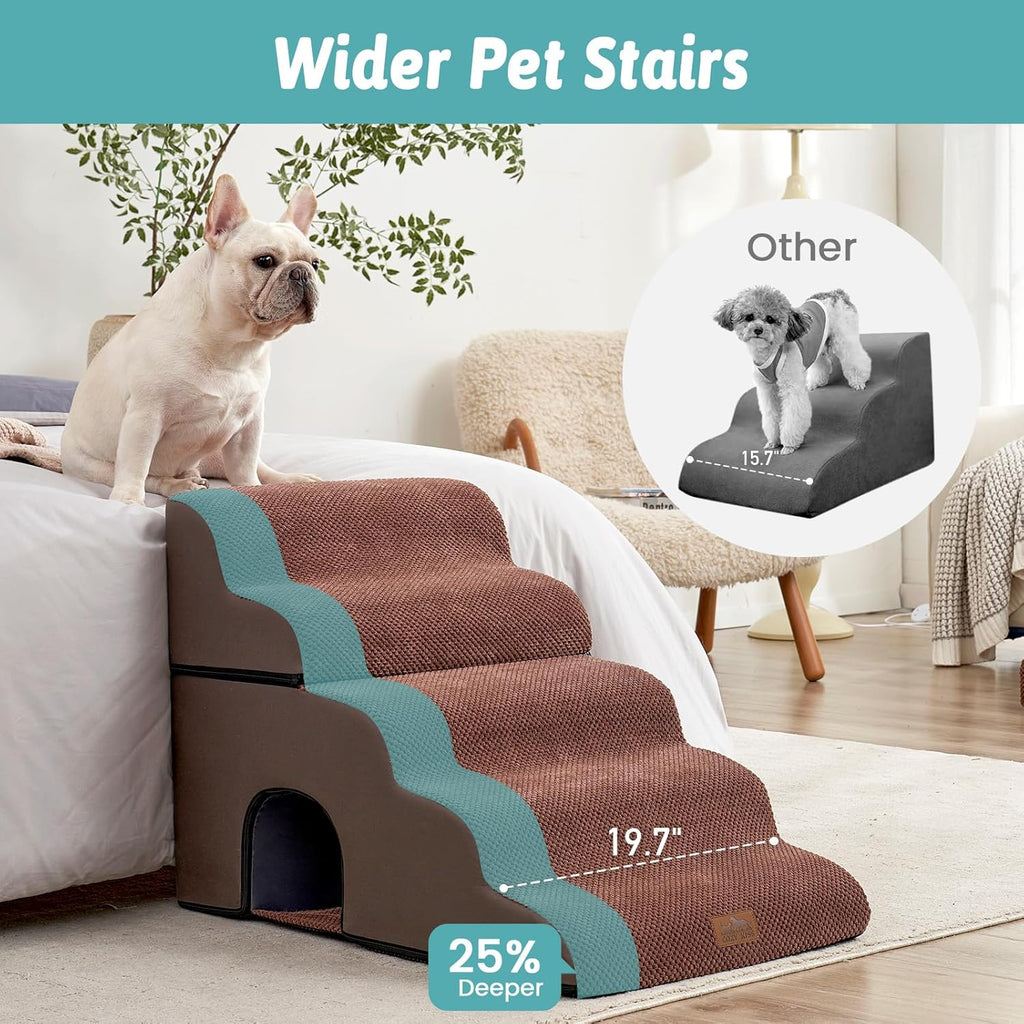 Wide Dog Stairs with Tunnel, Foam Detachable Large Dog Step for Small Pet, Puppy or Cats, Medium Pet Ramp for High Bed, Couch, Sofa or Car, 19.7x33x22.4 inch, 5 Step, Brown