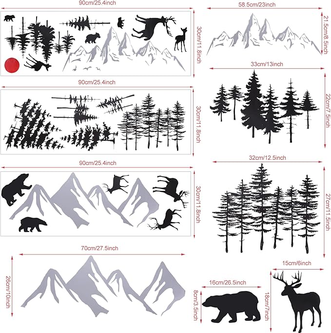 Outus 3 Sheets Mountain Forest Bear Wall Decals Stickers Pine Tree Wall Decals Trees Wall Stickers Deer Forest Decals for Kids Nursery Bedroom Living Room Decor,11.8 x 35.4 Inches