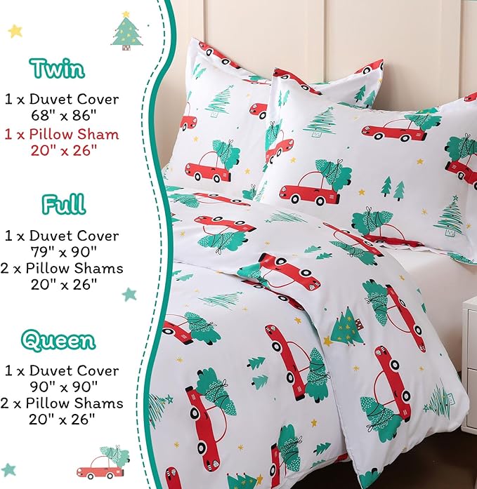 JSD Red Cars Kids Christmas Duvet Cover Set Twin Size, 2 Piece Xmas Comforter Cover with Pillow Sham Zipper Closure, Comforter Not Included