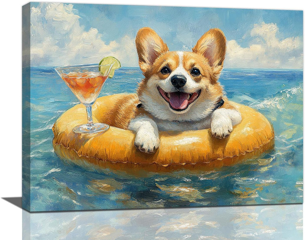 Ocean Funny Corgi Dog Pictures Wall Art, Bathroom Cute Dog Wall Decor Sea Coastal Framed Painting Beach Canvas Artwork for Bathroom Bedroom Living Room Decorations 24"L x 16"W