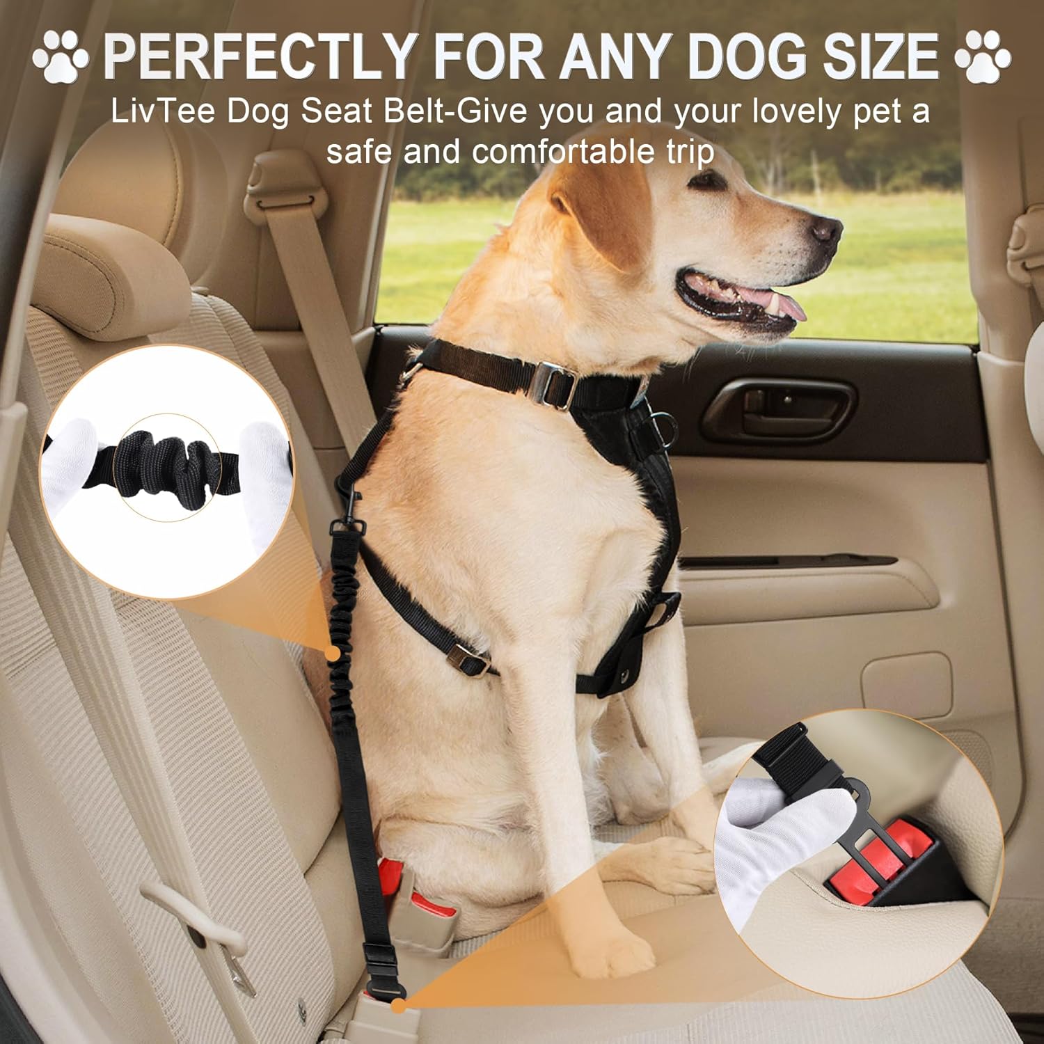 LivTee Dog Seat Belt for Car, Retractable Pet Safety Harness, Adjustable Nylon Dog Seatbelt Leash, Comfortable Dog Accessories for Vehicles (Black-2PCS)