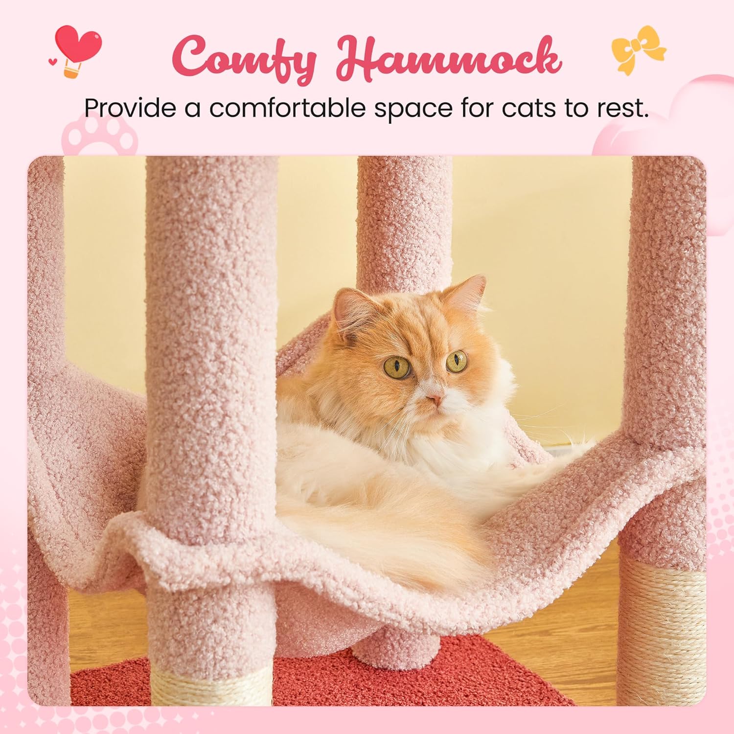 MWPO Cute Cat Tree, 63.8-Inch Pink Cat Tower for Indoor Cats, Multi-Level Cat Condo with 5 Scratching Posts, 2 Perches, Hammock, Dangling Toys