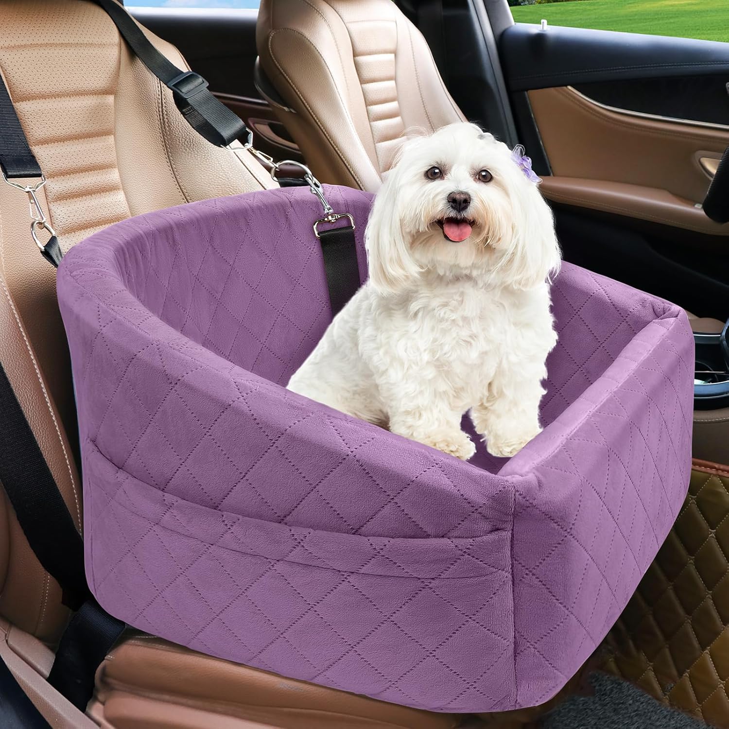 Dog Car Seat for Small Medium Dogs,Detachable Washable Dog Booster Seat Under 30lbs, Pet Car Seats Travel Bed with Storage Pockets and Safety Belt (Purple)