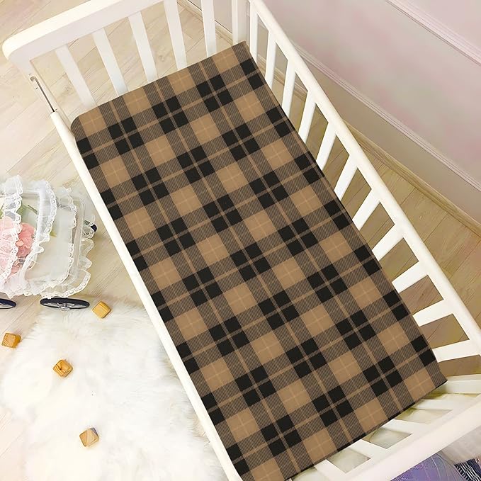 Brown Plaid Crib Sheets Soft Breathable Fitted Baby Playard Sheets Mattress Cover for Girl Boys, 39" x 27" x 5"