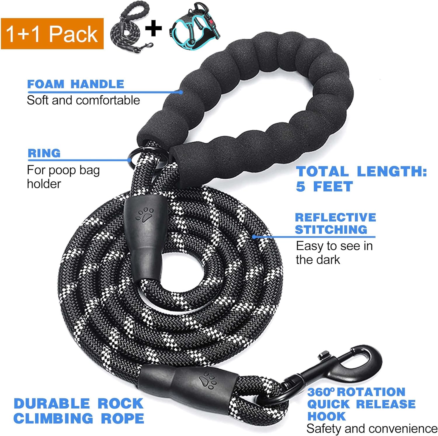 No Pull Dog Harness Adjustable Reflective Oxford Easy Control Medium Large Dog Harness with A Free Heavy Duty 5ft Dog Leash