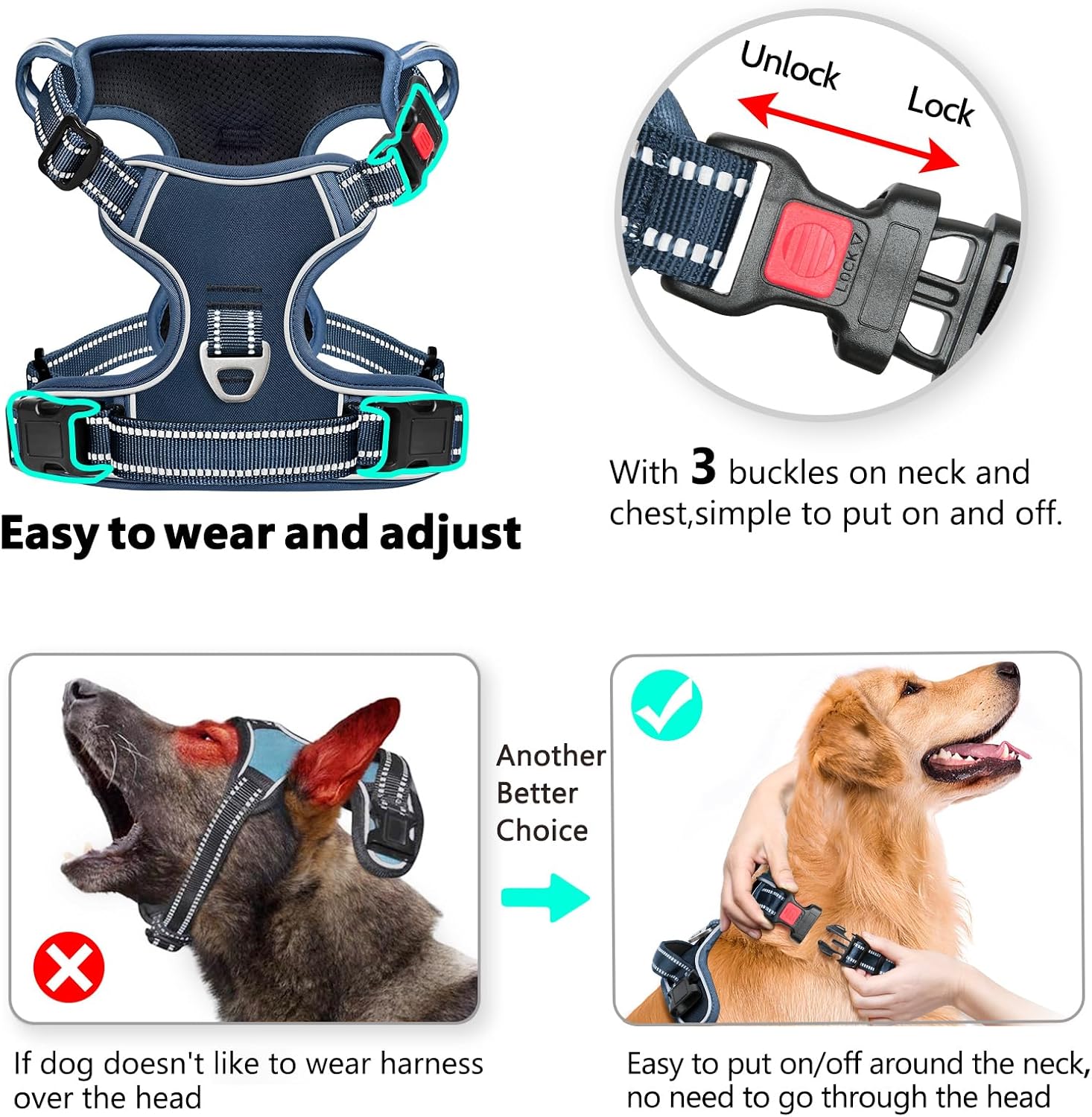 Timos Dog Harness Large Sized, No Pull Pet Harness with Neck Lockable Snap,No Choke Front Clip Dog Reflective Vest,Adjustable Metal Rings 3 Buckles,Easy Control Handle for Large Dogs Royal Blue XL