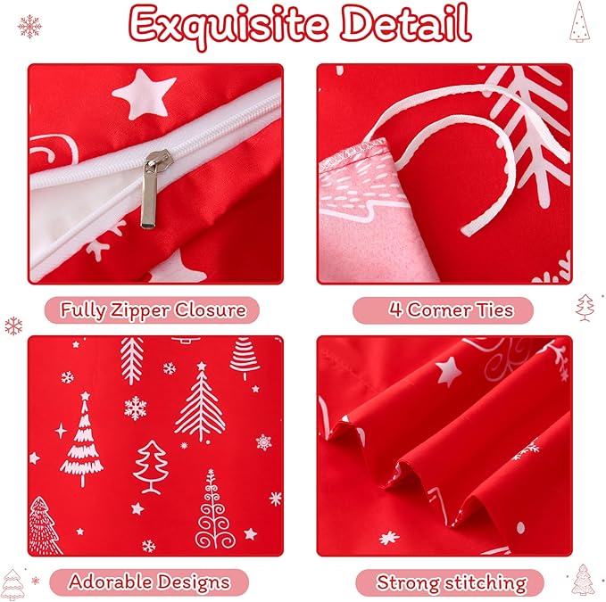JSD Red Christmas Tree Kids Duvet Cover Set Full Size, 3 Piece Xmas Comforter Cover with Pillow Sham Zipper Closure, Comforter Not Included