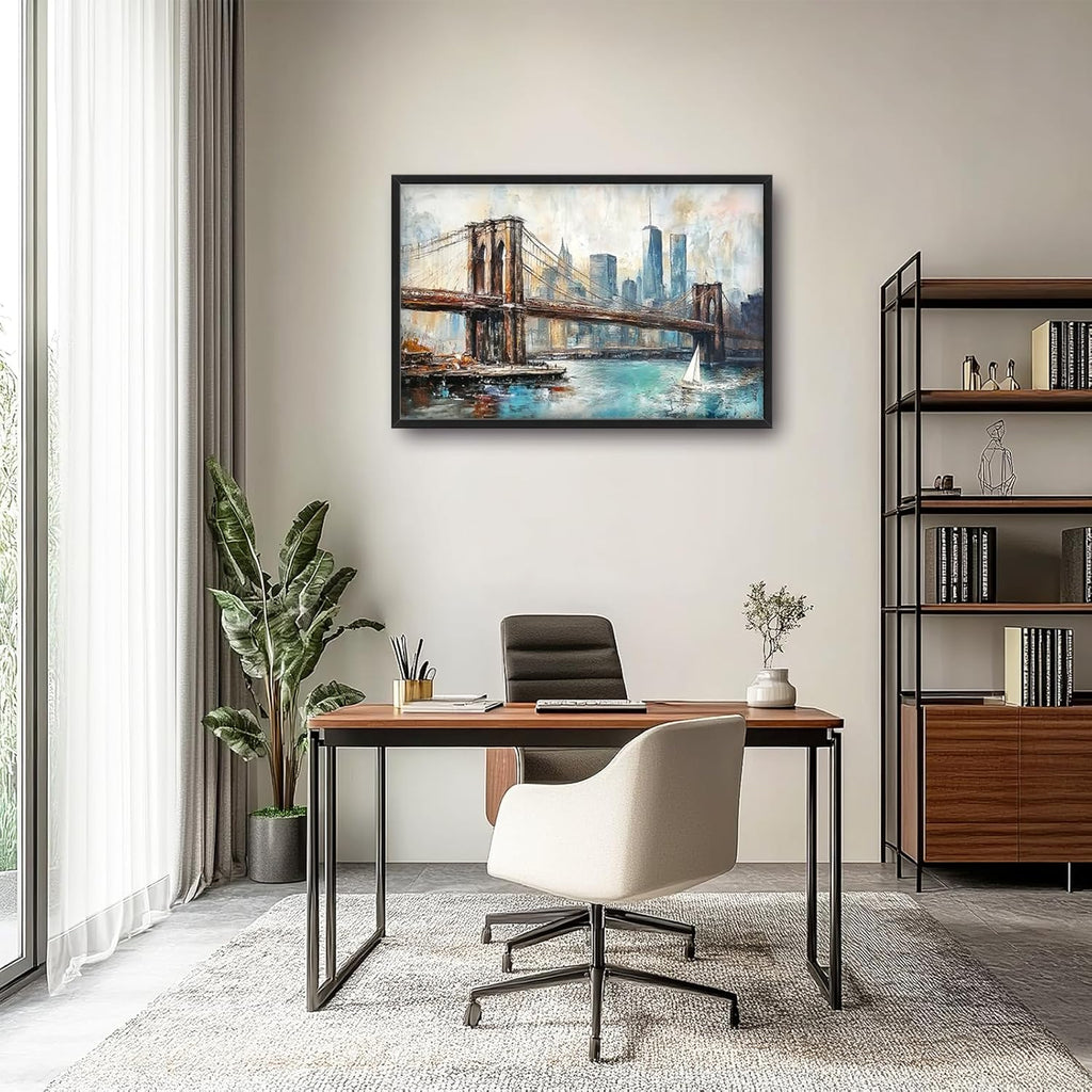 Extra Large Framed Brooklyn Bridge Wall Art,New York City Wall Decor,Abstract Skyline Cityscape Pictures for Living Room,Canvas Print Painting Modern Artwork Bedroom Office Bathroom 36L x24W