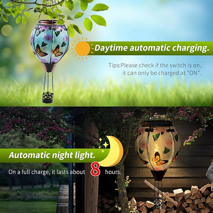 Hot Air Balloon Solar Lantern with Flickering Flame, Glass Hanging Garden Lights Outdoor Waterproof for Tree Yard Patio Mother's Day Gift, 18" H Butterfly