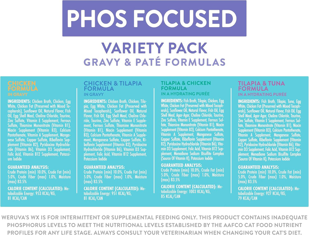 Weruva Wx Phos Focused, Pate & Gravy Formulas Variety Pack, 3oz Can (Pack of 12)