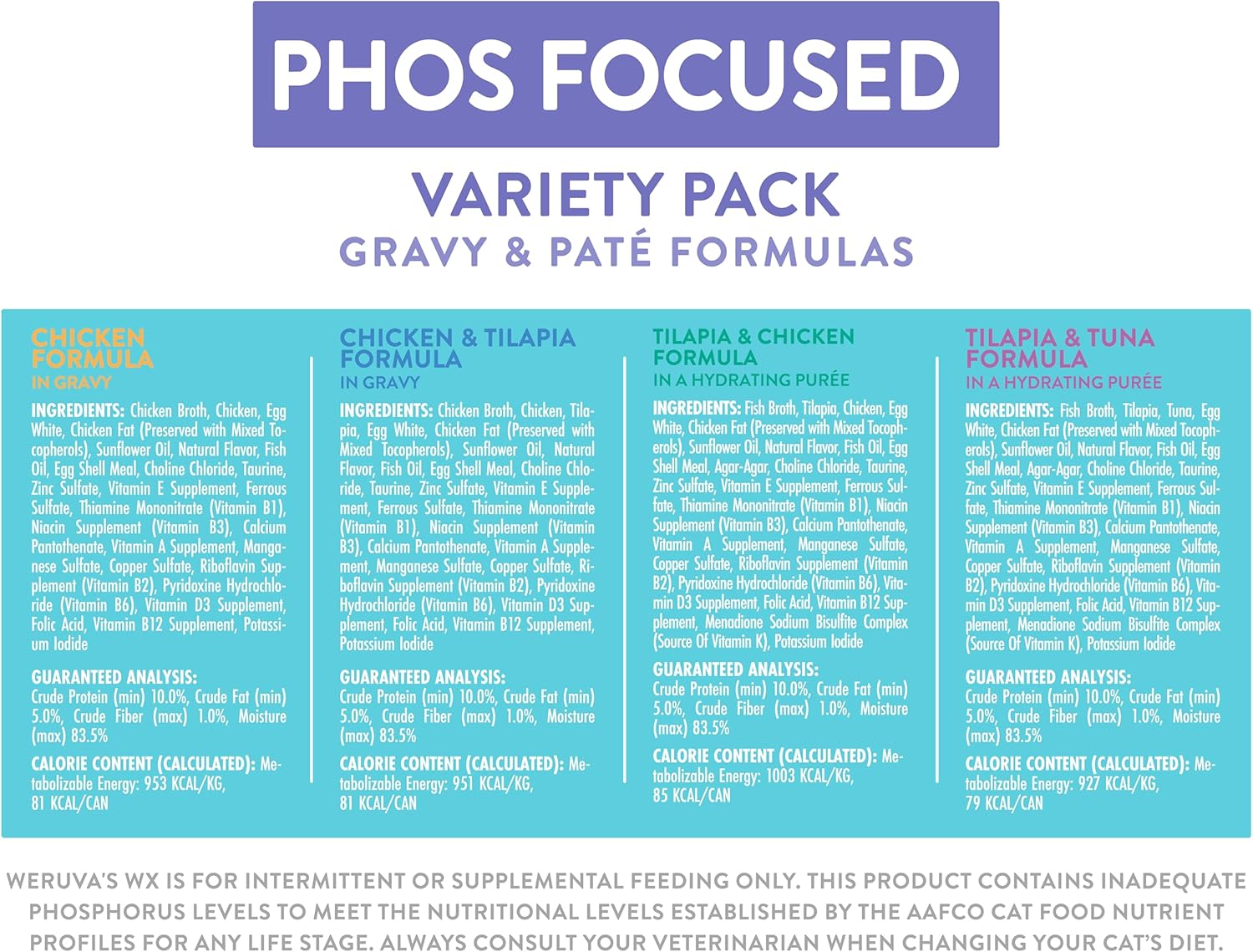 Weruva Wx Phos Focused, Pate & Gravy Formulas Variety Pack, 3oz Can (Pack of 12)