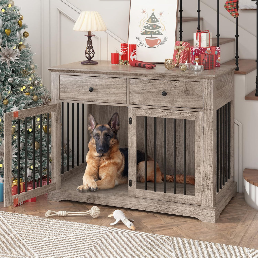 Dog Crate Furniture, 44 Inch Wooden Dog Kennel Indoor with 2 Storage Drawers, Heavy Duty Large Crate Furniture, Decorative End Table Cage Furniture for Small/Medium/Large (Grey)