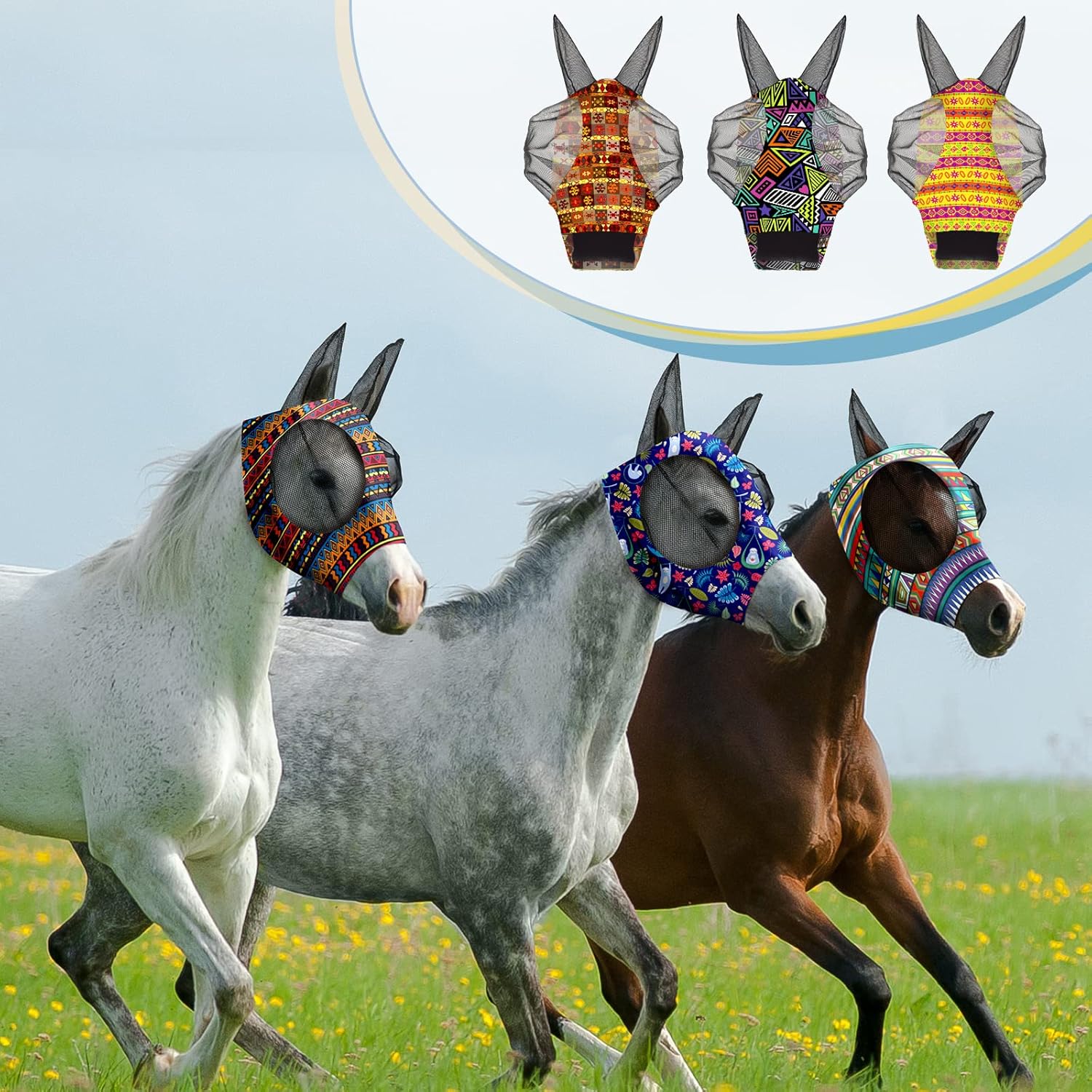 Chunful 6 Pcs Horse Fly Masks with Ears Smooth and Comfortable Cashel Mesh Fly Mask Elasticity Breathability UV Protection Horse Face Covering for Riding Supplies(Geometric,Large)
