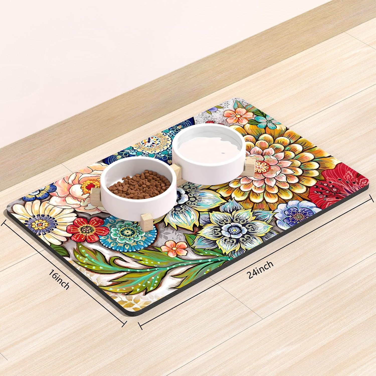 Rnivvi Dog Food Mat, 16" x 24" Flower Absorbent Dog Cat Bowl Mat for Food and Water, Cute Anti-Slip Rubber Pet Feeding Rug Protect Floors, Puppy Placemat for Feeding & Watering Supplies,Mandala Floral