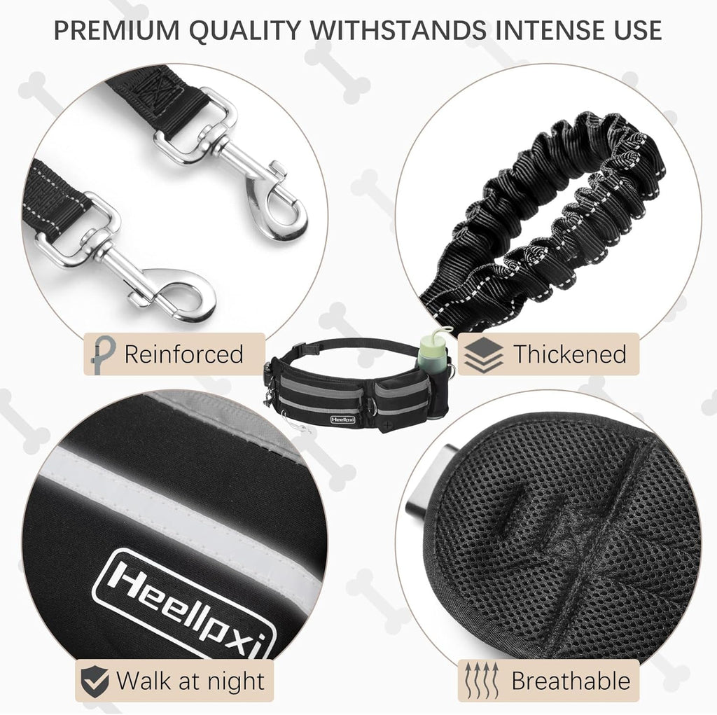Hands-Free Waist Leash with Pouch for Two Dogs: Reflective Stitching, Dual Handle & Bungee Retractable Design – Ideal for Medium to Large Dogs (Grey) – Dog Walking Accessories