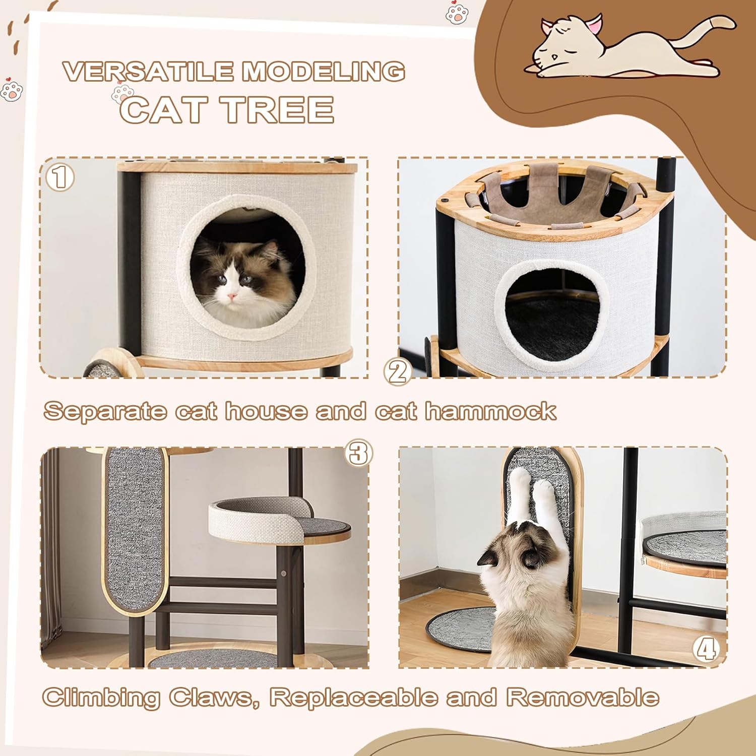 Cat Tree, 66In Cat Tower with Scratching Post, Tall Multi-Level Cat Houses for Indoor Cats Large Adult, Cute Cat Post Cat Condos with Dangling Ball,Plush Platform, Hammock, Big Cats Climbing Tower