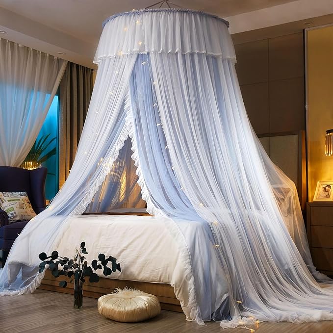 AIKASY Princess Bed Canopy for Girls & Adults, Elegant Double-Layer Bed Curtain, Children's Dream Round Lace Mosquito Net, Princess Canopy Net - Fits Twin, Full, Queen, and King Beds (Light Gray)