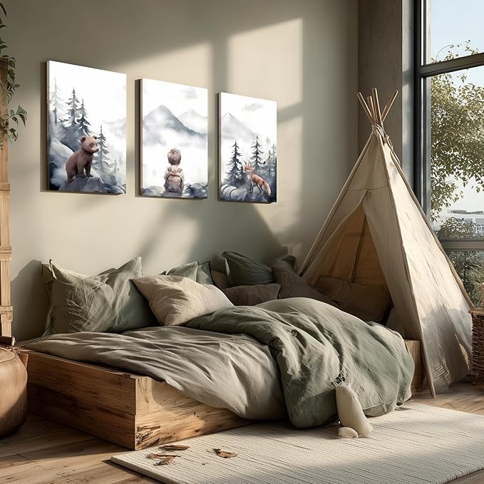 Cyebmo Framed Woodland Boy Nursery Wall Art Set of 3, Whimsical Boy Adventure Wall Decor, Mountain Forest Animal Bear Fox Wrapped Canvas Artwork for Classroom Kids Room Baby Nursery 12"x16"x3