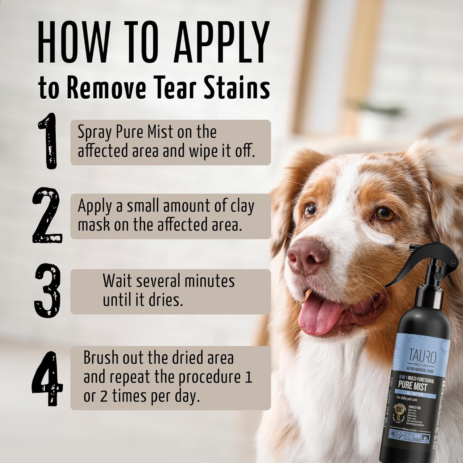 Clear Eyes Solution Set 6in1 Multi-Functional Pure Mist and Stainless Look Clay Mask - Tear Stain Remover, Eye Cleaner - Eye Care Ear Care Grooming Treatment for All Dogs and Cats Eyes