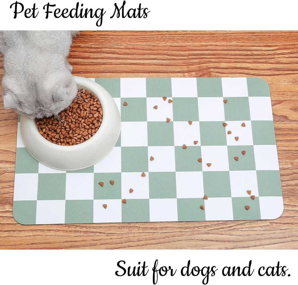 Ralxion Checkered Dog Feeding Mat, Absorbent Mats for Dog Food and Water Bowl, Dispenser, Retro Modern Aesthetic Sage Green Checkerboard Pet Placemat for Dogs, Cats, Puppy Accessories, 12" X19”