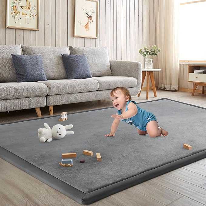 Baby Play Mat for Floor Tummy Time Mat Nursery Muscle Area Rug Playroom Rug Tatami 59"*59" Memory Foam 1.3" Thick Crawling For Babies,Toddlers, Infants, Kids,Floor(Grey)