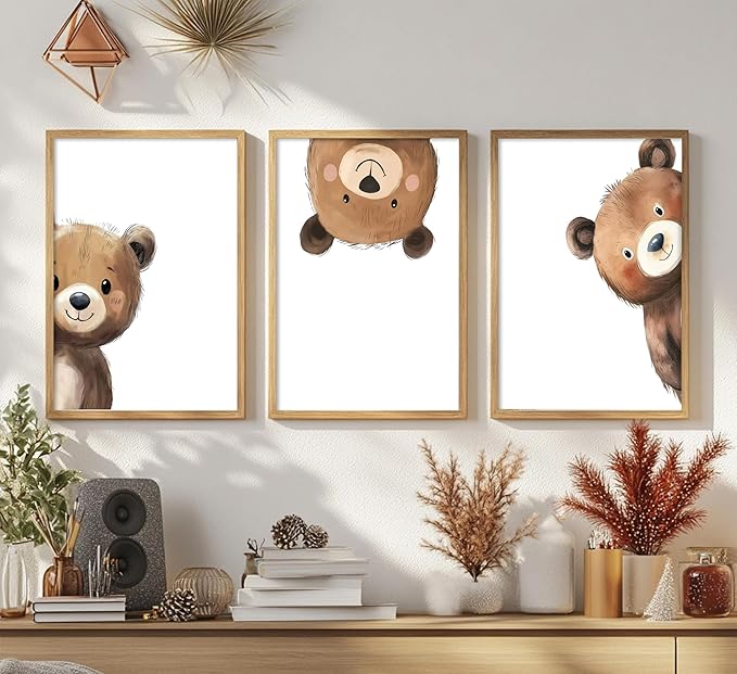 3Pcs Baby Teddy Bear Nursery Wall Art Peeking Bear Pictures Wall Decor Peekaboo Kids Room Decor Woodland Animal Posters Neutral Nursery Painting Canvas Print Artwork for Children's Baby Room Bedroom