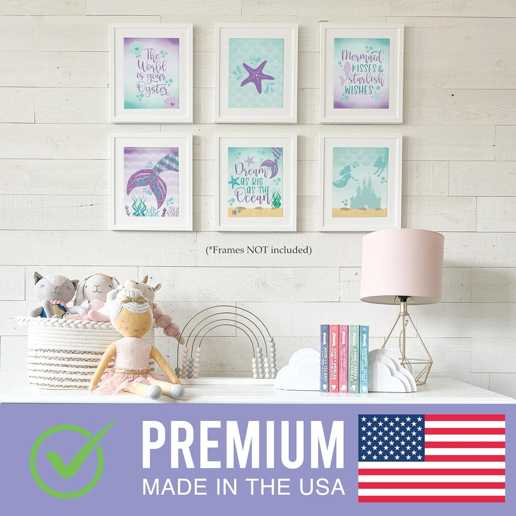 Hadley Designs 6 Mermaid Wall Decor – Reversible Magical Mermaid Wall Art for Nursery & Bathroom, Under the Sea Unframed Ocean-Themed Room Decor Prints for Girls' Bedroom