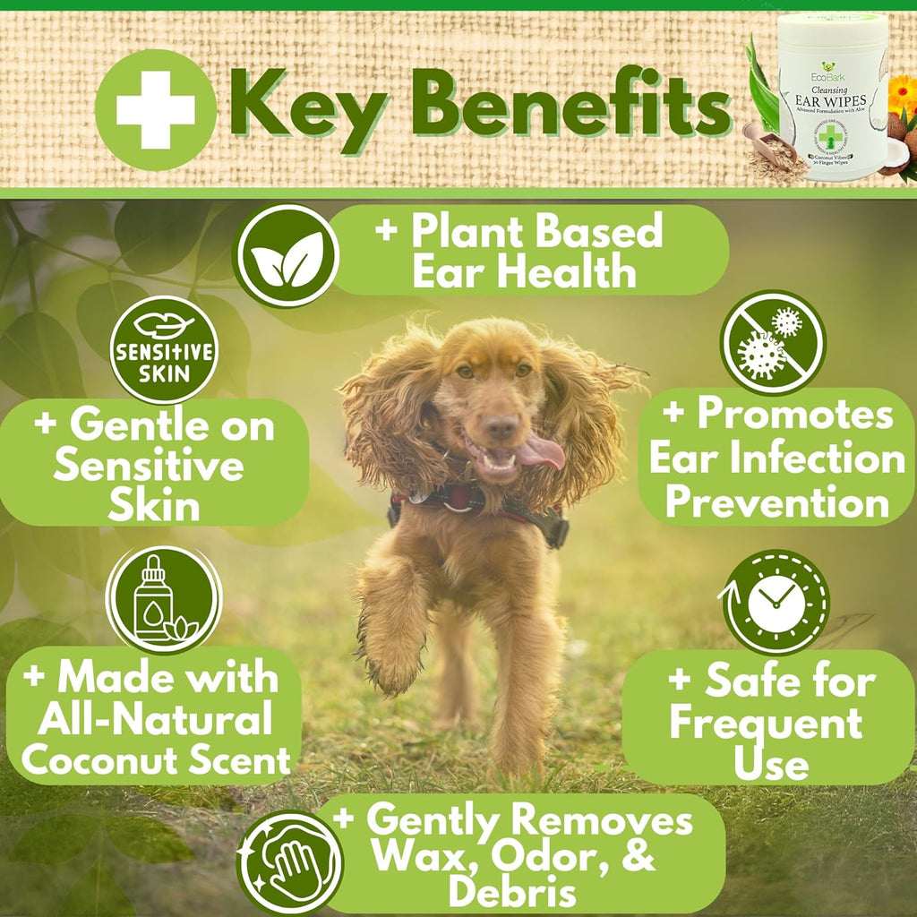 EcoBark Dog Ear Cleaner - Dog Ear Wipes with Finger Pad in Ear Solution - Gentle Otic Dog Grooming Supplies to Soothe Dog Ear Itching - Cleanse Away Dirt and Debris