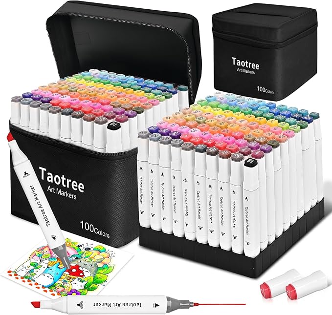 Taotree Alcohol Markers 100 Colors with Case & Holders, Dual Tips Art Coloring Markers Pens, Chisel & Fine Art Supplies Sketch Pens for Artist Kids Adult Coloring Books Drawing, Painting, Sketching