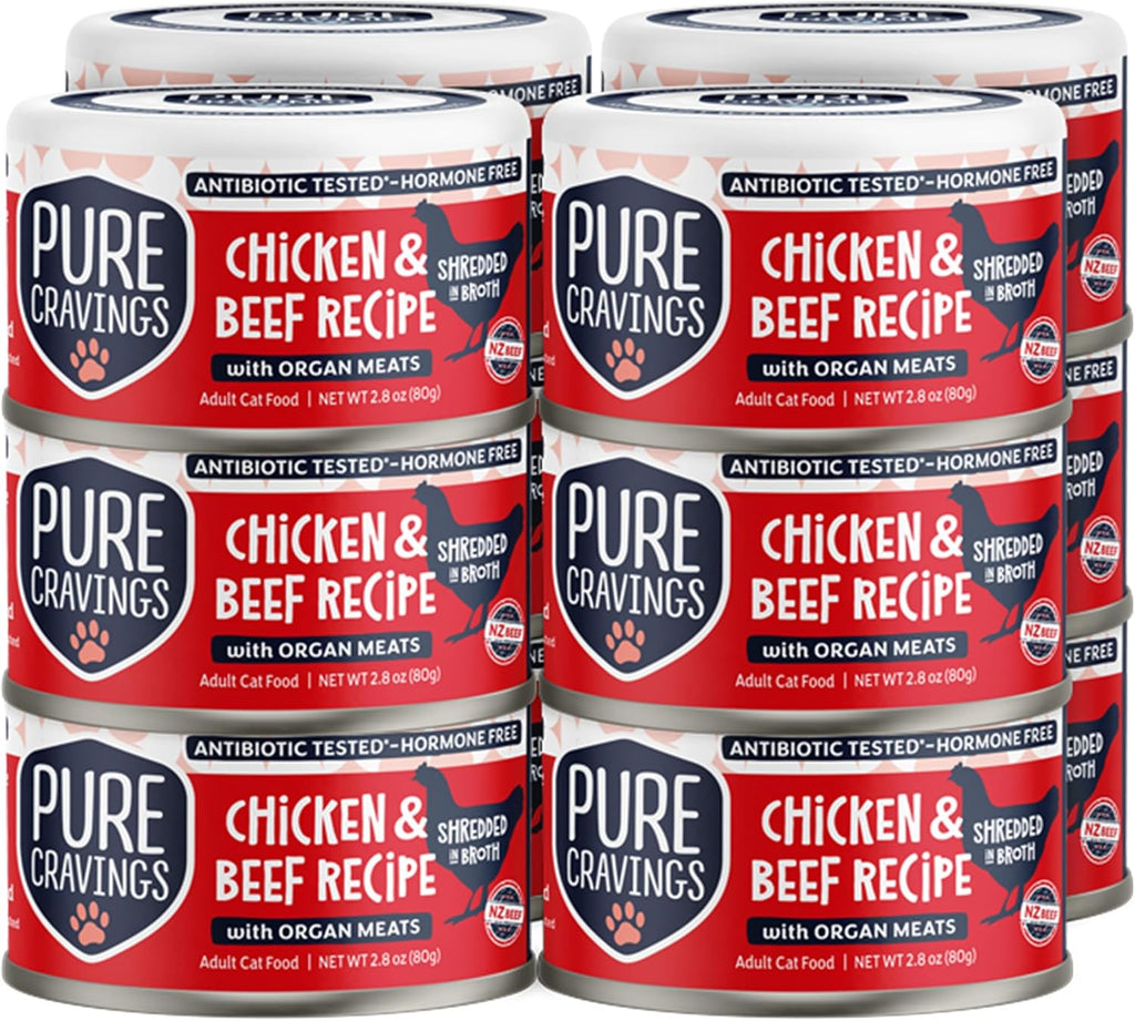 Chicken and Beef Recipe in Broth, Shredded Wet Cat Food, Grain-Free Protein, Non-GMO, 12 Pack