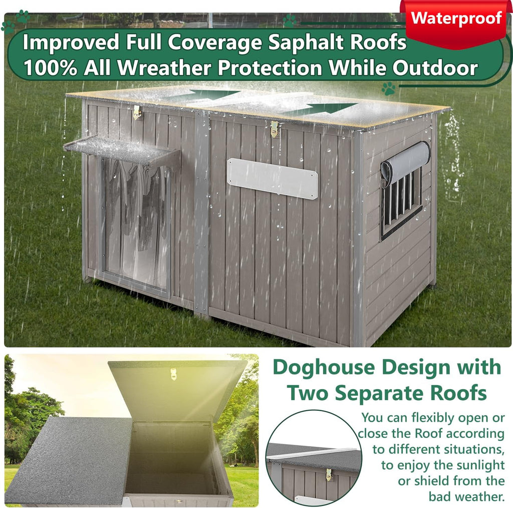 55" Extra Large Outdoor Dog House Weatherproof Wooden Doghouse Indoor for Large Breed Dogs with Anti Bite Frames with Window,10 Elevated Feet, Reinforced Bottom for Pet Up to 220LBS