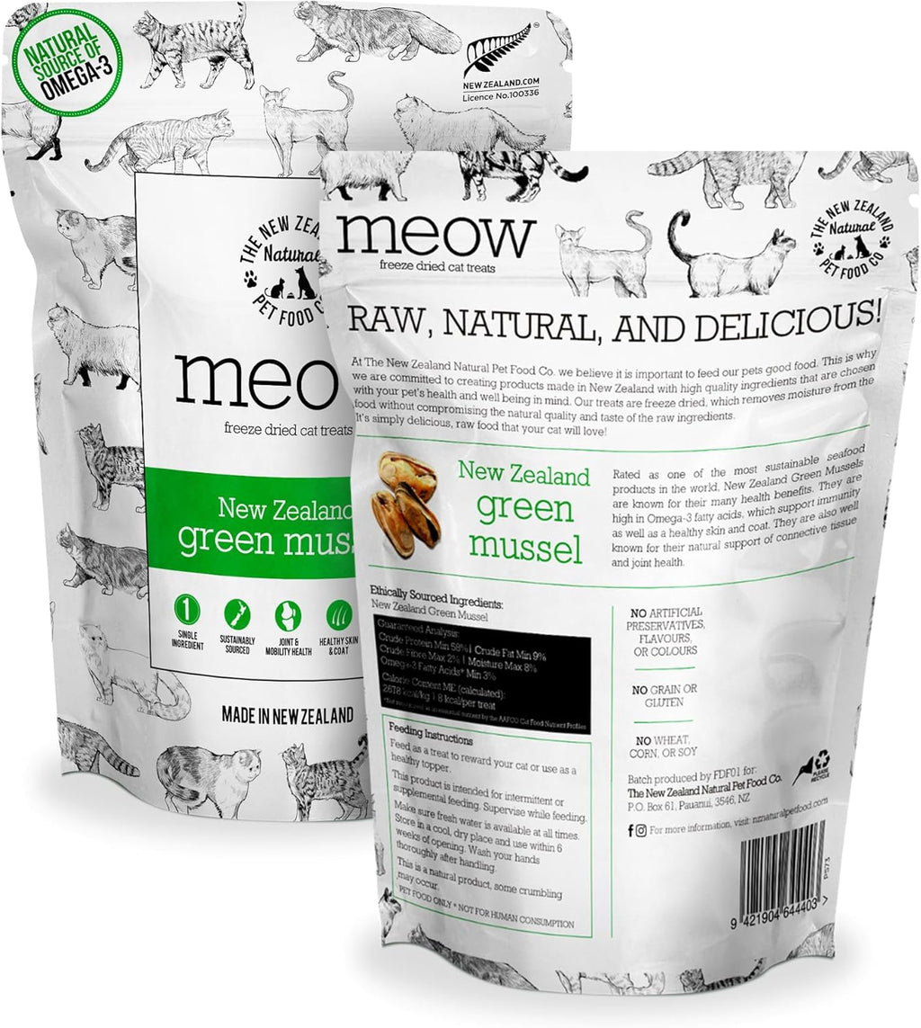 Meow Freeze Dried Cat Treats - New Zealand Green Mussel, High Protein, Healthy Cat Snacks and Toppers, All Natural for All Life Stages, 1.76 oz