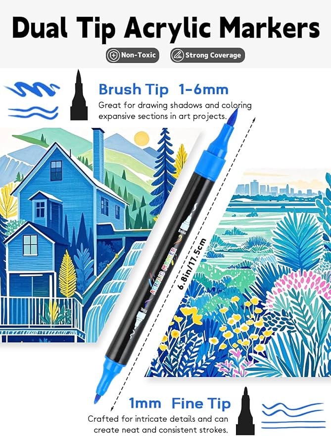 60 Colors Acrylic Paint Markers, Dual Tip Acrylic Paint Pens with Brush Tip and Fine Tip for for Adults, Kids, Eggs, Wood, Rock, Canvas, Plastic, Stone, Glass, Ceramic