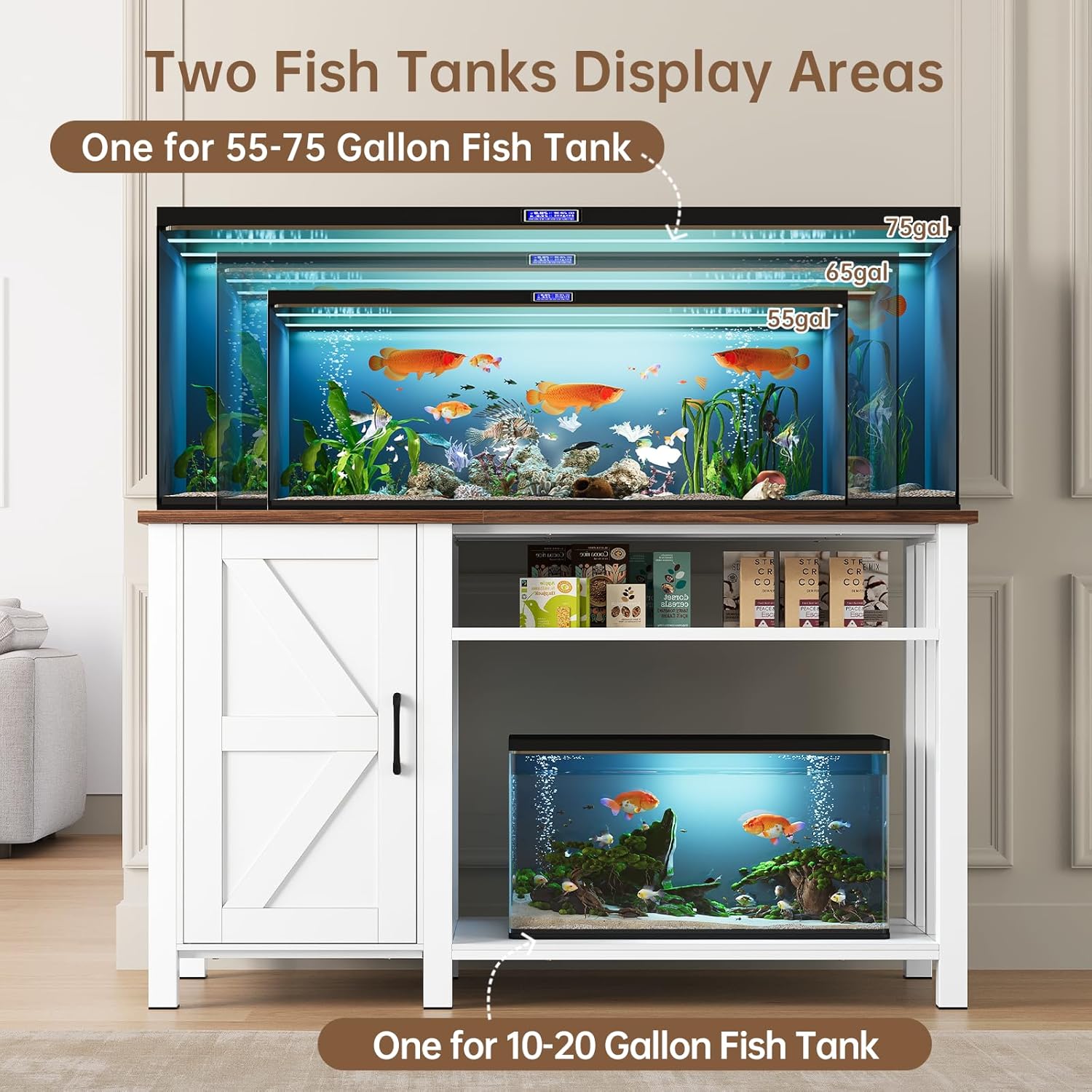 55-75 Gallon Aquarium Stand with Power Outlet, Heavy Duty Fish Tank Stand with Cabinet Storage & Adjustable Shelf, for Fish Tank, Turtle Tank, Reptile Terrarium, 1000LBS Capacity, White