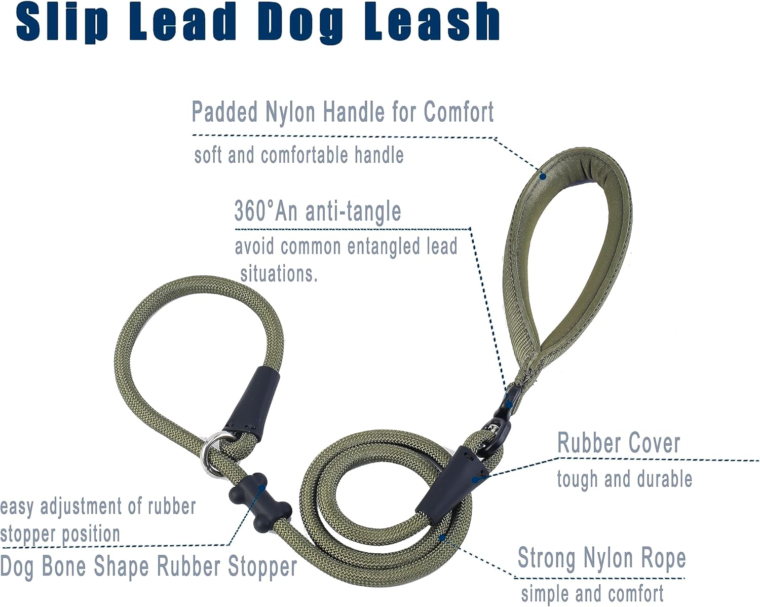Slip Lead Dog Leash，Strong Nylon Rope Leash and Padded Handle,No Pull Outdoor Walking Training Lead for Small Medium Large Dogs(Army Green,1/2"×4ft)