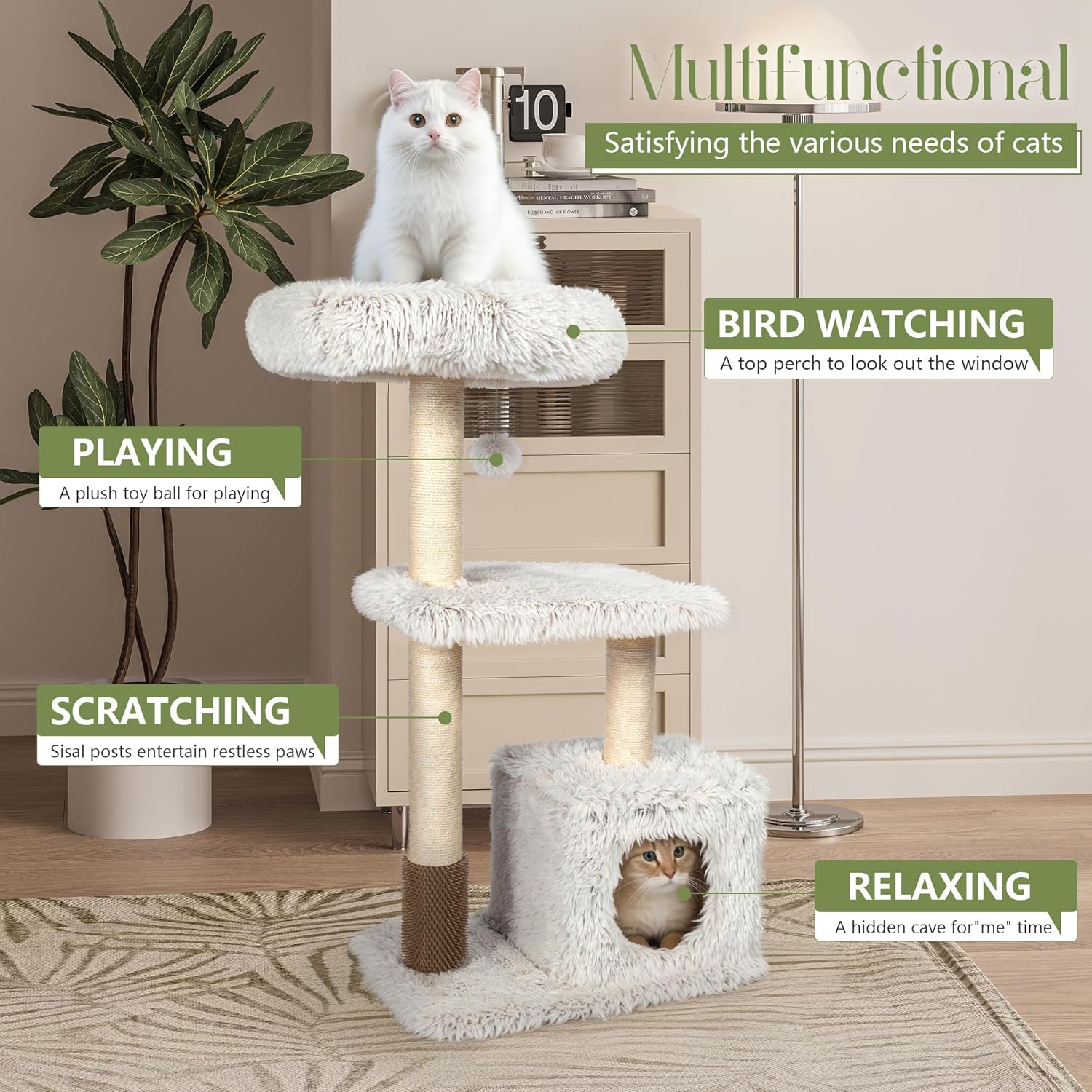 KAMABOKO 41" Tall Modern Cat Tree - Wooden Cat Tower with Cat Condo, Hammock & Top Perch, Cute Wood Cat Tree Natural Sisal Posts for Climb Scratch Play Rest