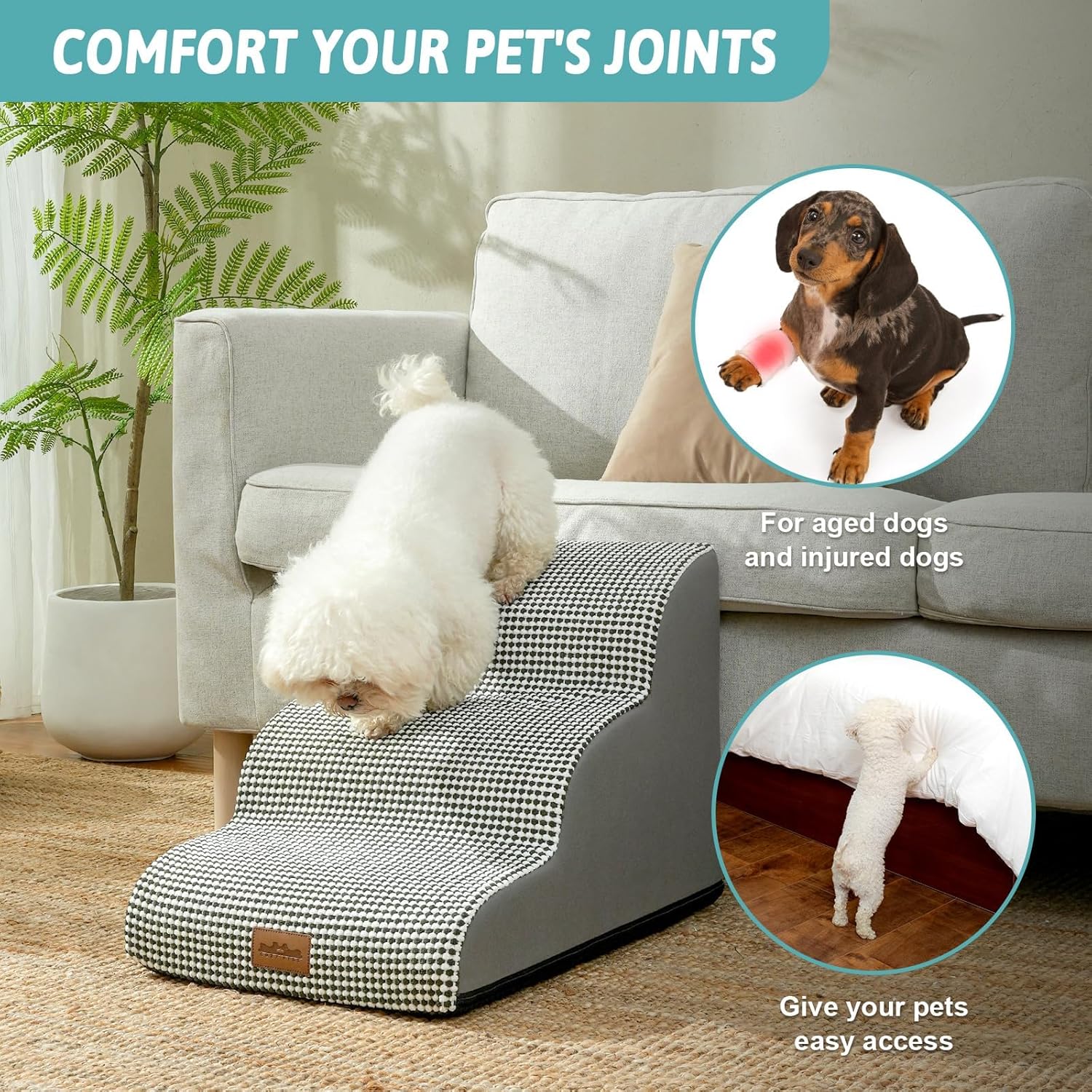 Dog Stairs for Small Dogs 15.7" H, Curved Dog Step for Puppy, Older Cat, Medium Pet Ramp for Sofa, Couch or Chair, Ladder with High Density Foam, 15.7x22.4x15.7 inch, 3 Step, White Black