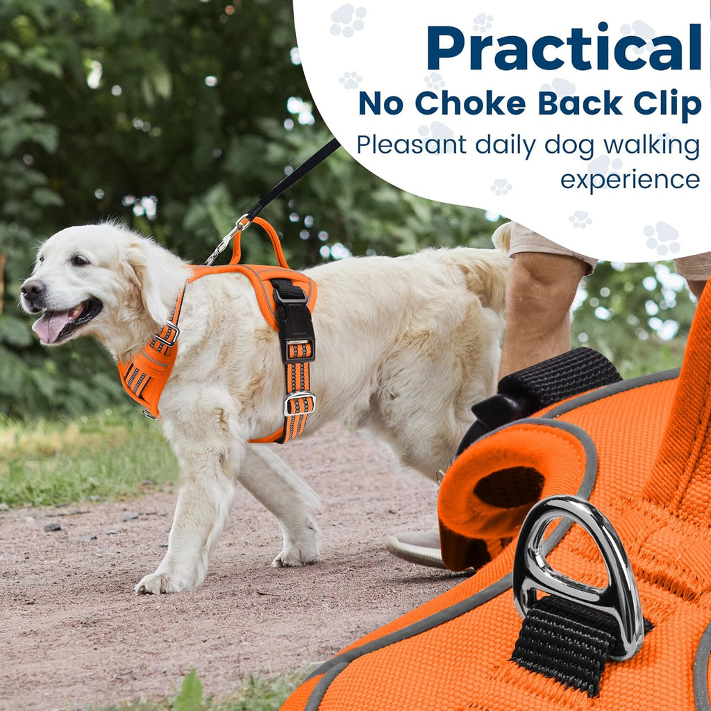 Funfox Dog Harness No Pull, Adjustable Pet Vest Harness, Super Soft Material with Vertical Handle Easy Control, Reflective Night Walking, 2 Leash Clips for Large Dogs, Orange, L