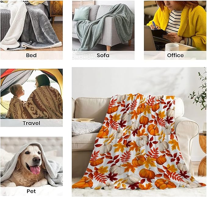 Fall Throw Blanket - Pumpkin Maple Leaf Autumn Blanket - Thanksgiving Fall Decor Gift - Ultra Plush Cozy Lightweight Thanksgiving Pumpkin Blanket for Sofa,Bed,Couch - 50"x60"-Teens/Travel Size