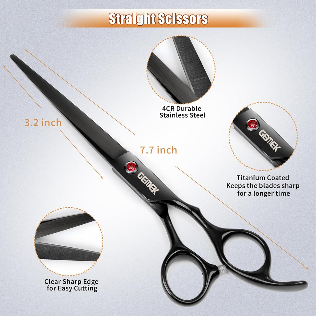 7.0in Titanium Professional Dog Grooming Scissors Set, GEMEK 6 in 1 Straight & Thinning & Upwards Curved & Downwards Curved Scissors & Comb for Dogs, Cats and Other Animals (Black)