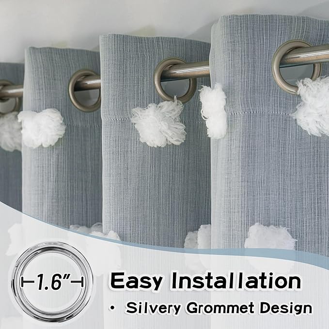 MYSKY HOME Dusty Blue Curtains for Bedroom & Kids Room - 54 Inch Long, Double Layer, White Pom Pom, Sheer, Grommet, Darkening, Small Window, 2 Panels, 52 x 54 in